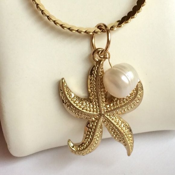 Starfish Pearl Necklace 23" Gold Plated Sea life Island Freshwater White - Picture 6 of 10